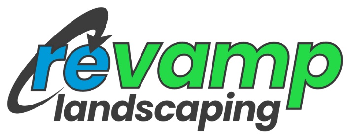 Revamp Landscaping logo with blue and green stylized text